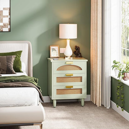 Tribesigns Mint Green Nightstand, 3-Drawer Rattan Night Stand Side Table, Accent Bedside Tables End Table for Bedroom and Small Spaces, Easy Assembly (2, Green)