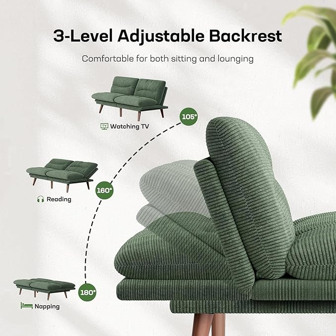 Marsail Futon Sofa Bed, Futon Couch with Adjustable Backrest & Armrests, Convertible Small Sleeper Sofa Bed for Small Apartments, Study Room, Office, Corduroy Loveseat, Green