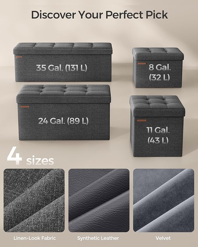 SONGMICS Storage Ottoman, Foldable Small Ottoman Foot Rest, 15 Inches Foot Stool, Cube Ottoman with Storage, Load up to 660 lb, for Living Room, Bedroom, Dorm, Dark Gray ULSF27Z