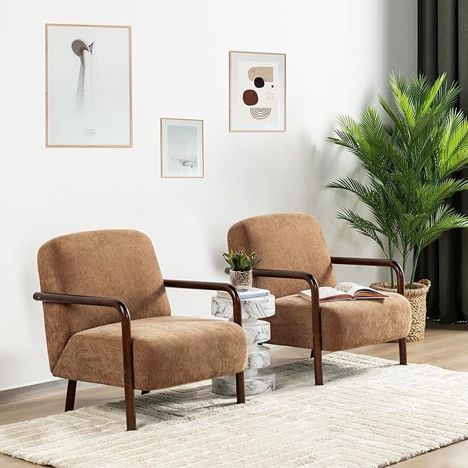 Glitzhome Accent Chair Set of 2, Mid-Century Modern Living Room Chairs with Extra-Cushioned Fabric & Walnut Rubber Wood Frame, Comfy Armhairs for Living Room/Bedroom/Reading Room/Office