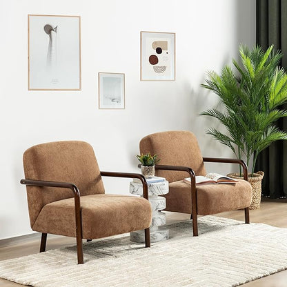 Glitzhome Accent Chair Set of 2, Mid-Century Modern Living Room Chairs with Extra-Cushioned Fabric & Walnut Rubber Wood Frame, Comfy Armhairs for Living Room/Bedroom/Reading Room/Office