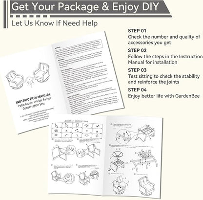 3 Pieces Outdoor Furniture Set - Patio Wicker Swivel Rocker Chair Set of 2 and 1 Side Table, Beige, Mixed Brown Rattan, Suitable for Porch, Yard