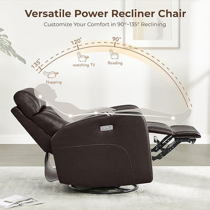 CHITA Genuine Leather Power Swivel Glider Recliner Chair for Adults, FSC Certified Electric Nursery Rocker Recliner Chair for Living Room, Dark Brown
