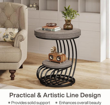 Tribesigns Round End Table, 2-Tier Farmhose Wood Side Table with Shelf Storage, Small Sofa Side Bedside Nightstand, Arc-Shaped Frame Accent Furniture for Living Room, Grey