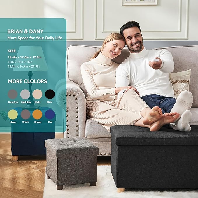 BRIAN & DANY Ottoman with Storage, Small Storage Ottoman for Dorm, Linen Folding Ottoman Foot Stool with Legs for Living Room and Bedroom, 15"x15"x15" - Black