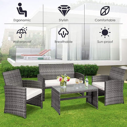 COSTWAY Patio Furniture Set 4 Pieces, Outdoor Wicker Chairs Sofa w/Coffee Table and Soft Cushions, Rattan Conversation Sets for Patio Lawn Backyard Yard Pool Garden, White