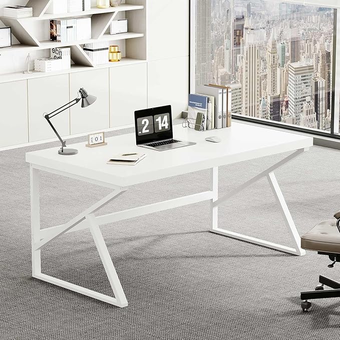 HSH White Computer Desk, Modern Wood Home Office Desk, PC Desk for Executive Work Writing Study Gaming Student Bedroom, Farmhouse Simple Wooden and Metal Computer Table Workstation, White Oak 55 Inch