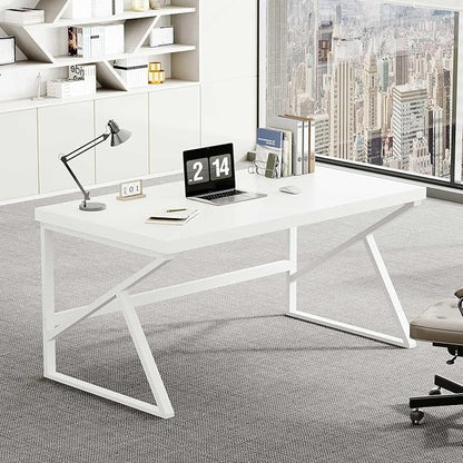 HSH White Computer Desk, Modern Wood Home Office Desk, PC Desk for Executive Work Writing Study Gaming Student Bedroom, Farmhouse Simple Wooden and Metal Computer Table Workstation, White Oak 55 Inch