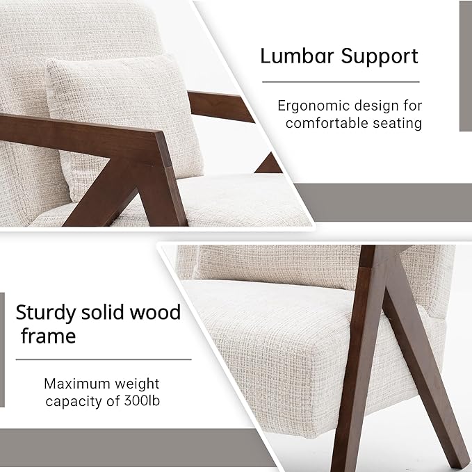 Mid-Century Modern Accent Chair Set of 2 with Solid Wood Frame，Upholstered Chenille Living Room Arm Chairs with Pillow for Bedroom, Living Room, Reading Room, Balcony, Beige