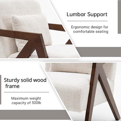 Mid-Century Modern Accent Chair Set of 2 with Solid Wood Frame，Upholstered Chenille Living Room Arm Chairs with Pillow for Bedroom, Living Room, Reading Room, Balcony, Beige