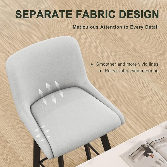 Swivel Bar Stools Set of 3, 30''H Upholstered Barstools with Backs, Modern Counter Height Bar Stool Chairs for Kitchen Island, Metal Legs, Fabric, Light Gray Counter Stools
