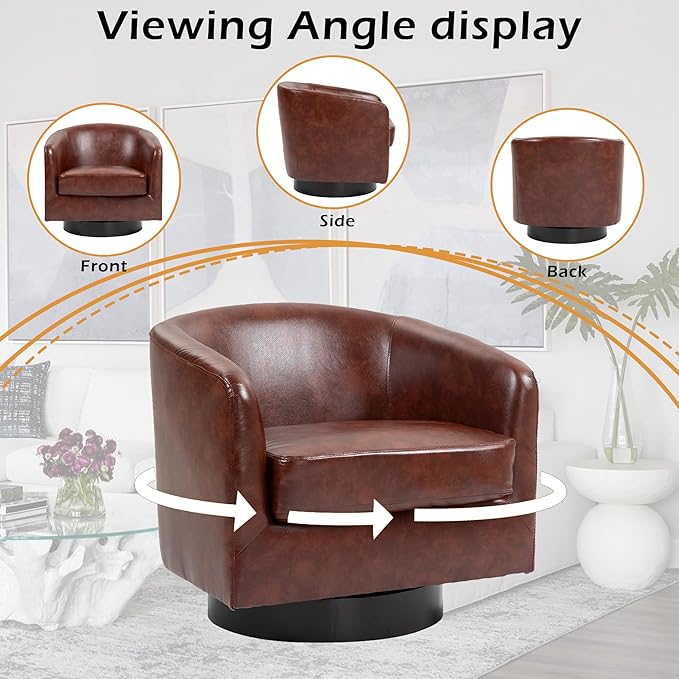 Lumibee Swivel Accent Chair, Faux Leather Swivel Barrel Chair for Living Room, Modern Comfy Upholstered Round Armchair Single Sofa Chair for Bedroom, Club-Red Brown