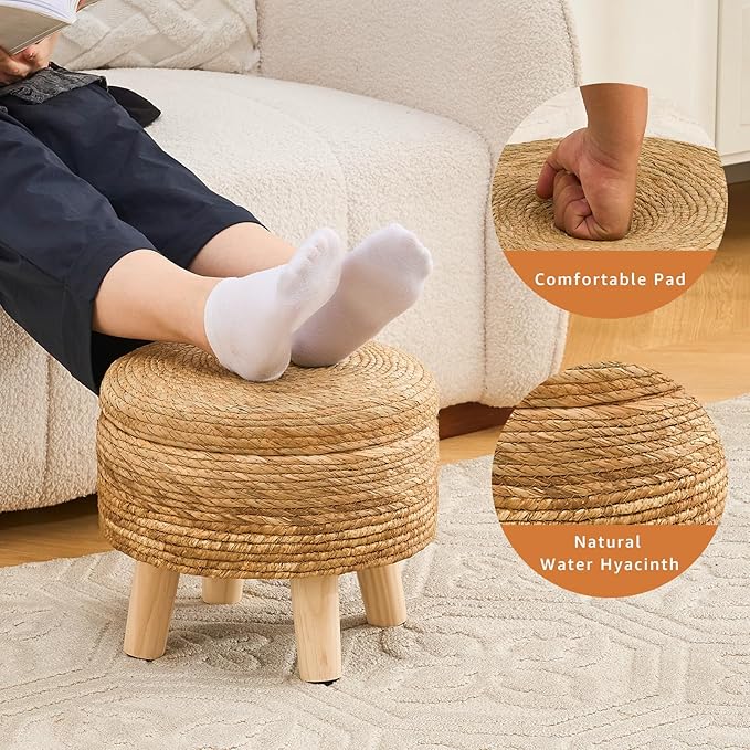Cpintltr Storage Ottoman Poufs Handwoven Footstool Natural Seagrass Round Footrest Stool with 4 Wood Legs Soft Padded Outdoor Seat for Hallway Lounge Bedroom Garden