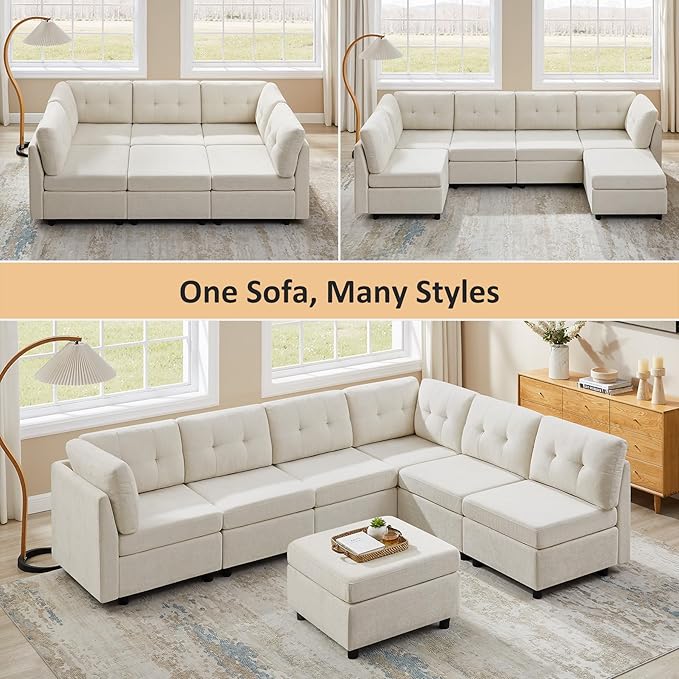 VANOMi 5 Seat Modular Sectional Sofa with Ottoman, Convertible Modular Cloud Sofa Bed, Comfy Chenille Sofas & Couches for Living Room, Apartment, Office, Beige, Sofa Bed