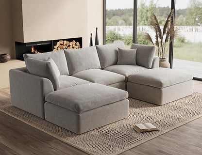 110" Cloud Sectional Couches for Living Room, Boneless U Shaped Couch with Ottoman, 3 Seater Modular Sectional Sofa, Light Grey