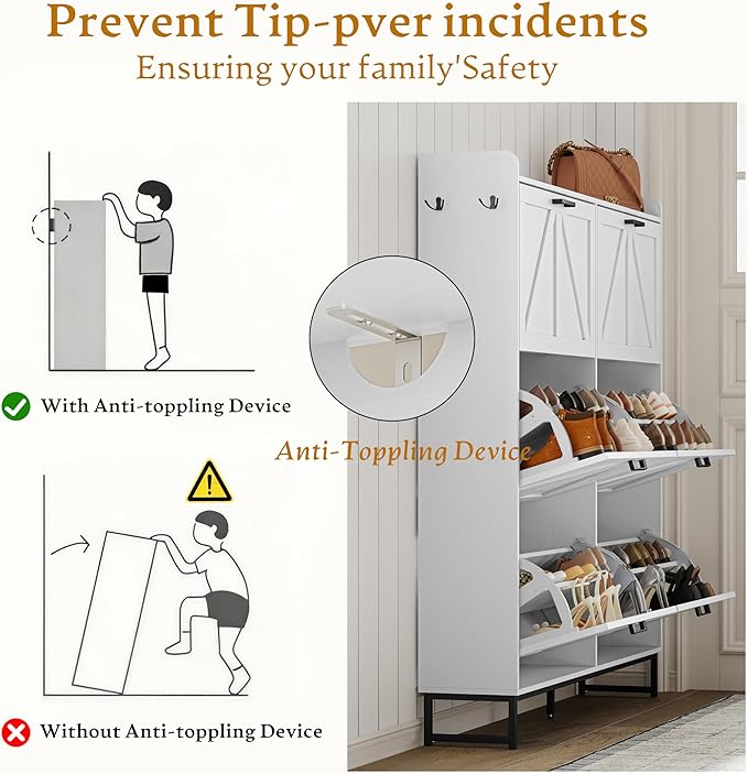 Shoe Cabinet Storage for Entryway, Shoe Storage Cabinet with 6 Flip Drawers, Freestanding Narrow Shoe Rack Organizer with Metal Legs, Adjustable Shelves & Open Storage for Foyer, Hallway, White