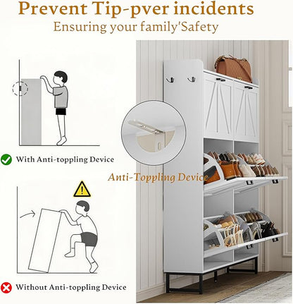 Shoe Cabinet Storage for Entryway, Shoe Storage Cabinet with 6 Flip Drawers, Freestanding Narrow Shoe Rack Organizer with Metal Legs, Adjustable Shelves & Open Storage for Foyer, Hallway, White