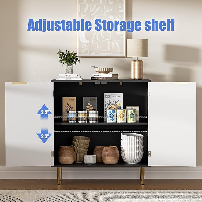 Buffet Sideboard Cabinet [Set of 2] with 4 Doors, Modern Cabinet with with Adjustable Shelf, Golden Handles & Legs, Coffee Bar Sideboard for Kitchen, Living Room, Black & White