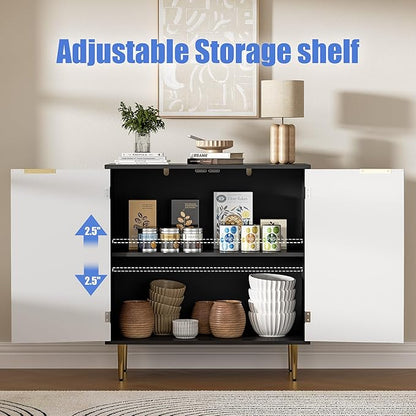 Buffet Sideboard Cabinet with 2 Doors, Modern Kitchen Cabinet with Golden Handles & Legs, Adjustable Shelf, Accent Coffee Bar Storage Sideboard for Kitchen, Living Room, Black & White