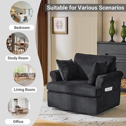 Karl home Swivel Accent Chair Set of 2, 39" Oversized Armchair W/2 Pillows and 4 Pockets,Modern Corduroy Barrel Chairs,Comfy Single Sofa for Living Room,Reading,Bedroom and Office-Black