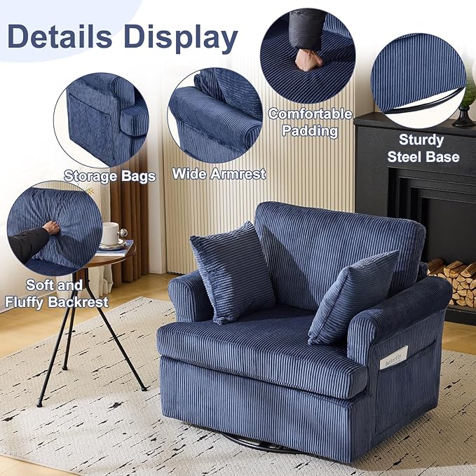 Karl home 39" Swivel Accent Chair,Oversized Seat Armchair W/2 Pillows and 4 Pockets,Modern Upholstered Corduroy Barrel Chair,Comfy Single Sofa for Living Room,Reading,Bedroom and Office-Dark Blue