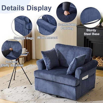 Karl home 39" Swivel Accent Chair,Oversized Seat Armchair W/2 Pillows and 4 Pockets,Modern Upholstered Corduroy Barrel Chair,Comfy Single Sofa for Living Room,Reading,Bedroom and Office-Dark Blue