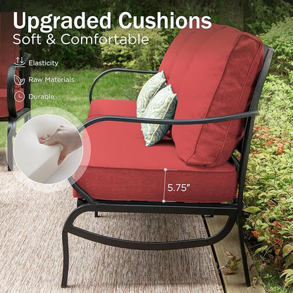 PHI VILLA 6 PCS Patio Furniture Sets with 2*Swivel Cushioned Sofa Chairs, 2* Leg Chairs, 1 * 3-Seat Wide Deep Seating Bench and 1*Coffee Table, Outdoor Metal Furniture Set for 7 Person(Red)