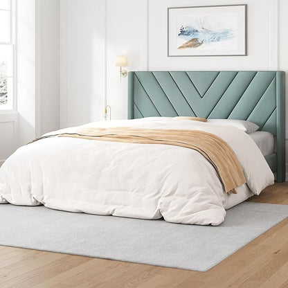 Yaheetech Queen Bed Frame Upholstered Platform Bed with Wing Side/Wooden Slat Support/Tufted Headboard with Wing Side/Mattress Foundation/No Box Spring Needed,Blue Lake Queen Bed