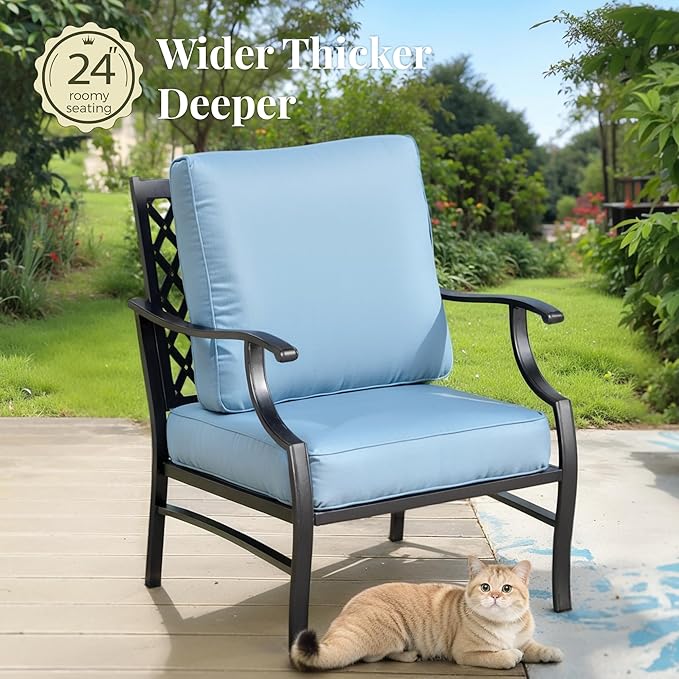 Patio Furniture Set, 6 Pcs Metal Outdoor Conversation Set, 2 Single Chairs, 2 Ottomans and 3 Seater Sofa with 5.75" Extra Thick Cushion and Gas Fire Pit Table, Blue