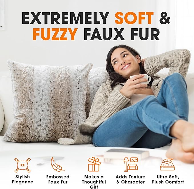 Cheer Collection Faux Fur Throw Pillows with Inserts – Set of 2 Decorative Square Couch Pillows, 18” x 18” Snow Leopard Embossed Ombre Design for Sofa, Bed & Living Room Decor
