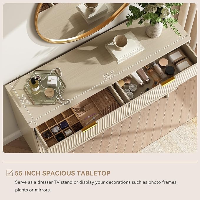 CARPETNAL Fluted 7 Drawer Dresser for Bedroom, 55" Wide Wooden Chest of Drawers with Rounded Corners, Gold Handles, Modern Storage Organizer for Bedroom, Hallway(Beige)