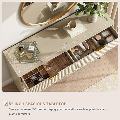 CARPETNAL Fluted 7 Drawer Dresser for Bedroom, 55" Wide Wooden Chest of Drawers with Rounded Corners, Gold Handles, Modern Storage Organizer for Bedroom, Hallway(Beige)