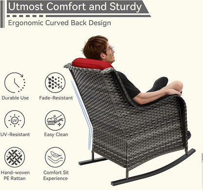 1 PC Outdoor Rocking Chair, Wicker Patio Rocker Chair for Yard, Porch, Mixed Brown Grey Rattan, Red Cushions