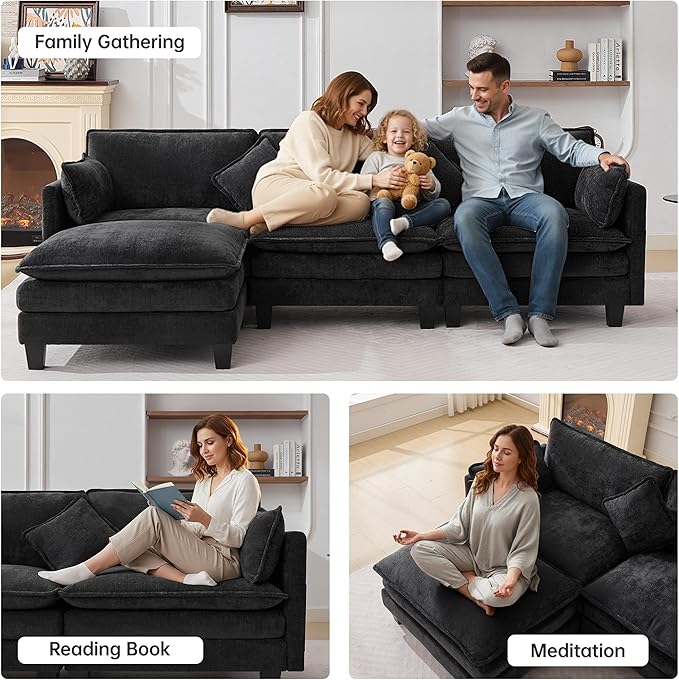 108" Modular Sectional Couches for Living Room with Ottoman, L Shaped Cloud Couch with Charger, USB & Type-c Port, Comfy Sofas with Deep Seat, Chenille Fabric, Black