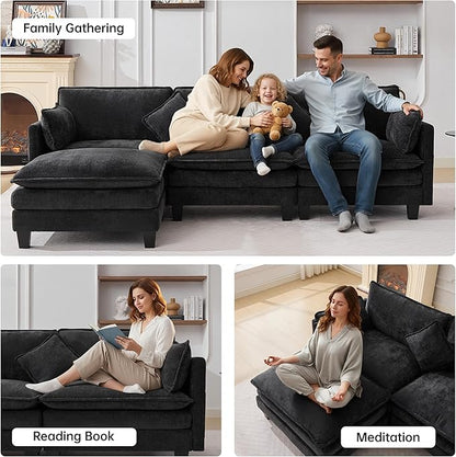 108" Modular Sectional Couches for Living Room with Ottoman, L Shaped Cloud Couch with Charger, USB & Type-c Port, Comfy Sofas with Deep Seat, Chenille Fabric, Black