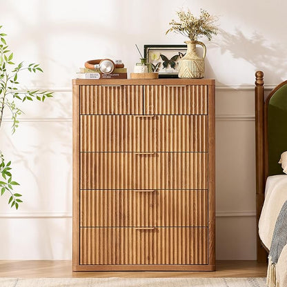 LEYAOYAO Fluted 6 Drawers Dresser for Bedroom, 42" Tall Modern Chest of Drawers with Metal Handle, Curved Profile Design,Brown Wood Drawer Organizer for Bedroom, Living Room, Hallway, Entryway