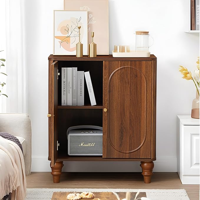 ORRD Fluted Storage Cabinet, Modern Credenza Wooden Accent Sideboard Buffet Cabinet with Adjustable Shelves and Solid Wood Legs, Console Table for Kitchen Dining Living Room Entryway, Walnut