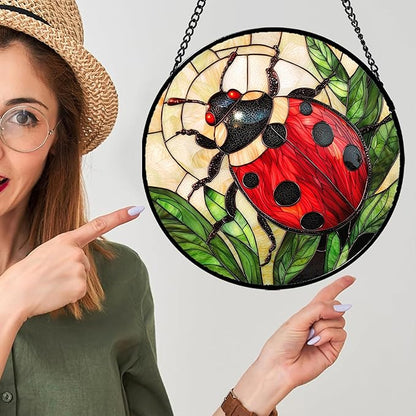 Stained Glass Window Hanging - Red Seven-Spotted Ladybug Sun Catcher for Door Home Decor Insect Suncatcher Christmas Mother's Day Birthday Gifts for Women Men Mom Nana 15 in