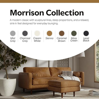 SIMPLIHOME Morrison 33 inch Wide Ottoman in Sienna Genuine Leather, Multifunctional Footrest, Coffee Table, and Extra Seating for Living Room, Mid-Century Modern Style