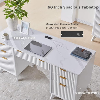 T4TREAM Fluted Executive Desk with Drawers, 60" Modern Home Office Computer Desk with Charging Station, File Cabinet, Keyboard Tray and Storage Cabinet for Study, Living Room, Bedroom, Solid White