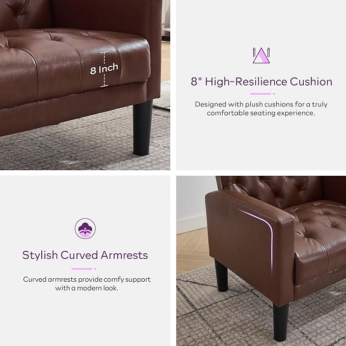 TYBOATLE Accent Chair Comfy Living Room Chair Leather Tufted Mid Century Modern Accent Chair, Small Cozy Reading Arm Chair for Office, Bedroom (1, Brown)