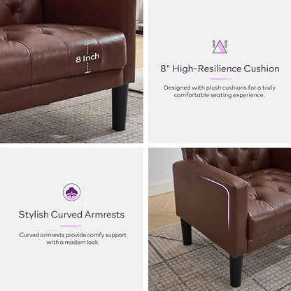 TYBOATLE Accent Chair Comfy Living Room Chair Leather Tufted Mid Century Modern Accent Chair, Small Cozy Reading Arm Chair for Office, Bedroom (1, Brown)