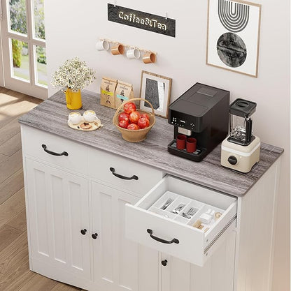 Gizoon Farmhouse Sideboard Buffet Cabinet, 42.5'' Kitchen Storage Cabinets with 3 Drawers and Barn Doors, Wood Coffee Bar Cabinet with Adjustable Shelf for Kitchen, Dining Room, Living Room, Grey