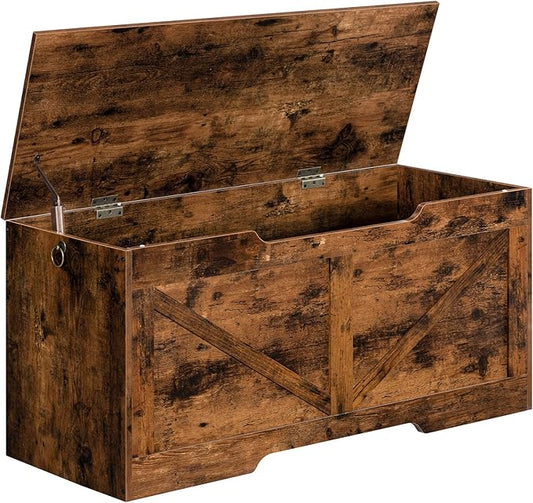 HOOBRO Storage Bench, 39.4” Retro Wooden Storage Chest with U-Shaped Cut-Out Pull, Safety Hinge, Supports 220 lb and Easy Assembly for Toy Box Organizer (Rustic Brown) BF771CW01