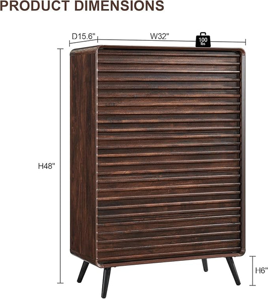 RedLemon 5 Drawers Dresser for Bedroom, 48'' Tall Mid Century Modern Wood Fluted Dresser, Chest of Drawers with Tapered Leg for Bedroom, Living Room, Hallway, Closet, Dark Walnut