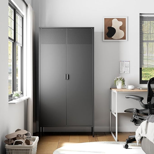 71 inches Black Metal Storage Cabinet with Doors and Shelves, 5 Tier Pantry Cabinet, Metal Cabinet for Home, Office, Dining, Laundry, Living, Bathroom and Utility Use