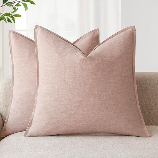 Foindtower Pack of 2, Decorative Linen Solid Throw Pillow Covers Soft Accent Cushion Case Boho Farmhouse Pillowcase for Bed Chair Couch Sofa Bedroom Living Room Home Decor 26 x 26 Inch Light Pink