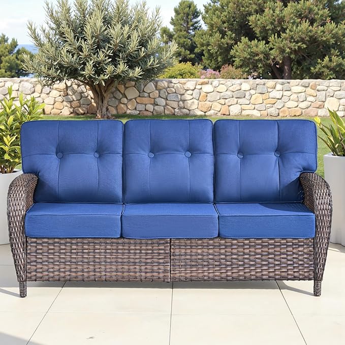 5-Piece Rotating Balcony Chair Set with 31-inch T-Shaped Wide backrest - Rattan Outdoor Rotating Balcony Chairs, Wide backrest Comfortable Outdoor Sliding Chair - Brown | Blue