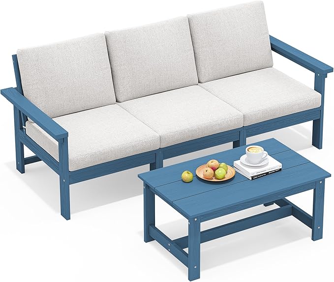 SERWALL HDPE Patio Sofa Set, 4-Piece Sectional Outdoor Furniture Set, All Weather Outdoor Couch Set Patio Furniture Set for Deck, Lawn, Blue Frame with Khaki Cushion