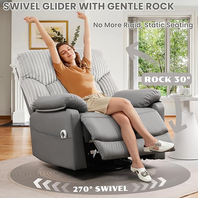 GRAINELL Swivel Rocker Recliner Chair with Massage and Heat, USB Charging Port, Infinite Position Power Recliner, Electric Glider Rocking Chairs for Living Room, Nursery (Grey)